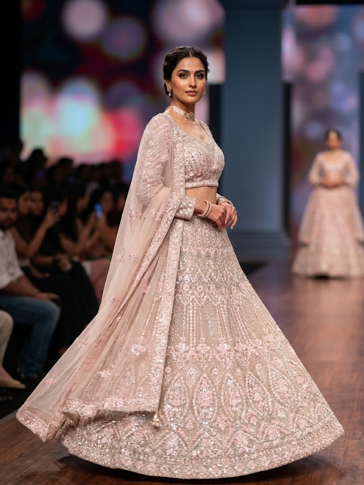 Blush Pink Embroidered Net Lehenga Set with Dupatta